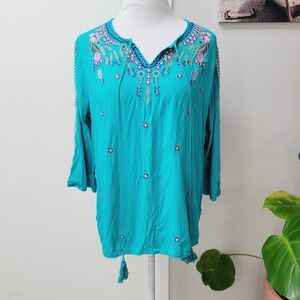 Nare Moda‎ Floral Embroidered Tunic Top Bohemian Festival Blouse Teal XL Tassels